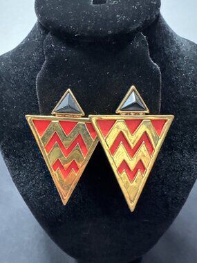 Vintage House of Harlow  1960 Red & Gold Chevron Triangle Earrings With Black Ac
